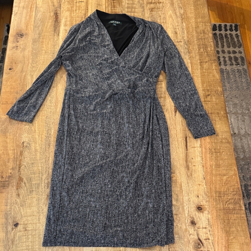 Lauren Ralph Lauren Heather Gray black marble Long Sleeve faux wrap fitted Dress